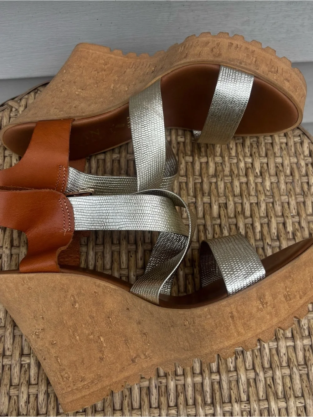 Italian Shoemakers Silver and Brown Cork Wedge Sandals